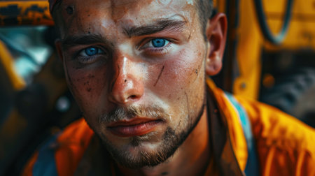 Close-up portrait of a young Polish male construction worker with blue eyes, showing a determined expression, wearing a bright orange safety vest, and standing against a backdrop of construction equipment.の素材
