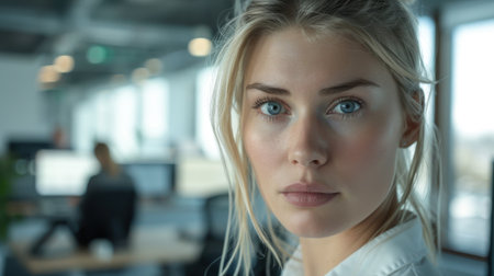 Close-up portrait of a young Swedish female manager with blue eyes in an office setting.の素材