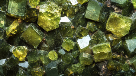 Detailed view of green andradite garnet with intricate crystal structures.の素材