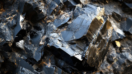 Detailed view of wolframite showcasing rich black hues and sharp facetsの素材