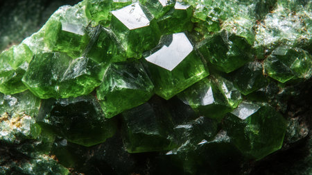 Detailed view of tsavorite garnet showcasing rich green hues and sharp facetsの素材