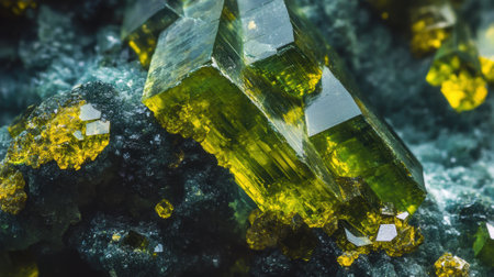 Detailed view of epidote gemstone revealing its intense green hue and crystalline textureの素材
