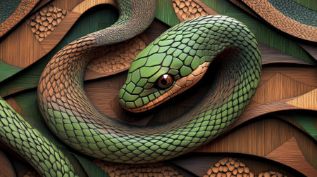 Highly detailed green wooden snake with a natural appearance.の素材