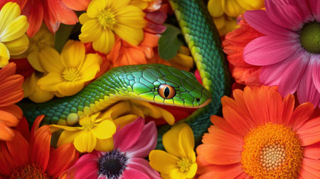 Green wooden snake coiled among vibrant pink and yellow flowers, showing intricate craftsmanship and a blend of natural beauty and artistry.の素材