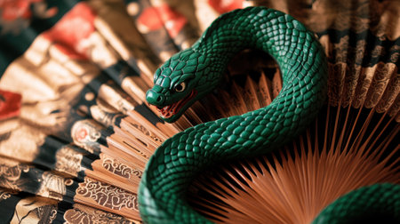 Intricately detailed green snake on an ornate fan, representing Chinese New Year 2025.の素材