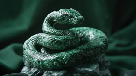 Green wooden snake wrapped around jade, intricate carving design.の素材
