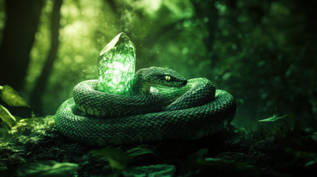 Green wooden snake with emerald eyes on a dark background.の素材