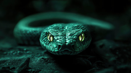 Mystical green wooden snake with glowing eyes, creating a sense of mystery.の素材