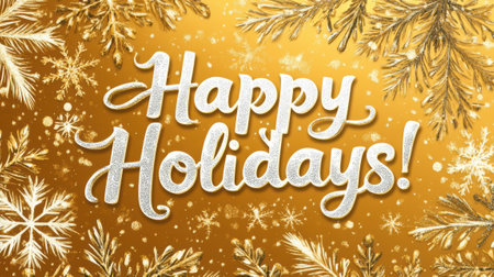 Happy Holidays text surrounded by shimmering snowflakes on a festive gold background, perfect for winter holiday greetings and seasonal celebrations.の素材