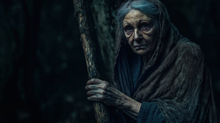 A mysterious Baba Yaga with a deeply wrinkled face and tattered shawl stands in a dark forest, holding a broomstick, evoking Slavic folklore.の素材