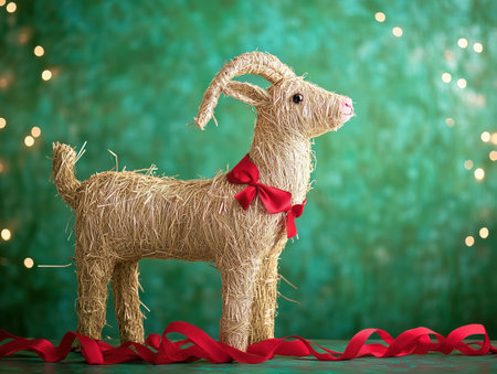 A traditional straw Yule Goat with curved horns and a red ribbon stands on green tinsel against a festive green background with bokeh lights.の素材
