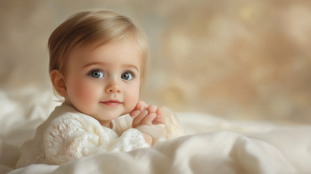 Happy baby smiling against a warm, golden bokeh background, creating a soft and joyful atmosphere.の素材