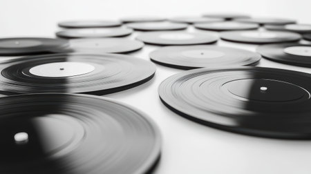 A group of vintage vinyl records arranged in a cluster, featuring various colored labels, representing classic analog music formats.の素材