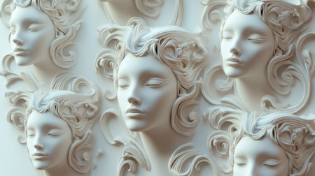 A surreal composition featuring multiple sculpted white faces with intricate flowing patterns, creating an ethereal and artistic design.の素材