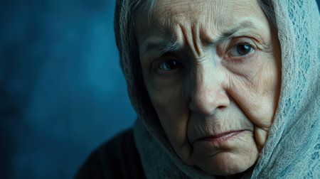Close-up of an elderly woman with a sorrowful expression, wrapped in a patterned headscarf, conveying deep emotion against a moody blue background.の素材