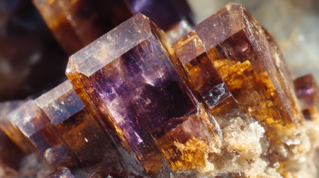 Close-up of axinite crystal structure with a blend of rich orange and violet huesの素材