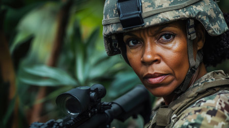 A determined female soldier in jungle combat gear, ready for action, standing alert amidst dense vegetation, showcasing focus and strength.の素材