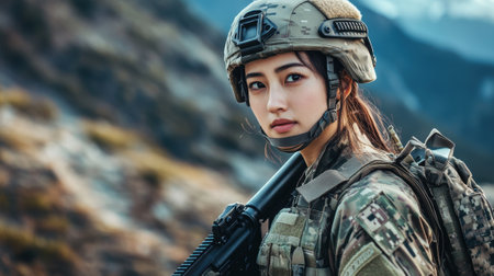 A focused female soldier in full military gear, standing in a mountainous environment, ready for tactical operations or patrol.の素材