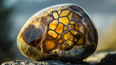 Detailed view of septarian stone showcasing yellow and brown texturesの素材