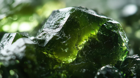 Close-up of moldavite crystal, focusing on its vivid green hues and textured layers.の素材