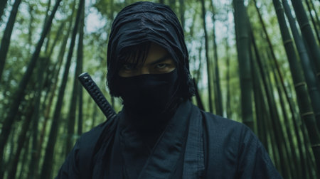 A ninja in dark clothing hides among the dense bamboo forest, exuding stealth, mystery, and traditional warrior skills.の素材