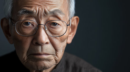 Portrait of an elderly Asian man wearing glasses, displaying deep sadness. Gray background with subtle lighting emphasizes his somber expression.の素材