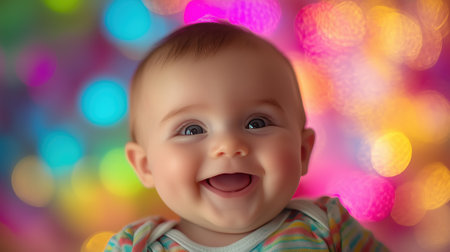 Joyful baby laughing against a vibrant, colorful bokeh background, capturing a playful and cheerful mood with bright lighting.の素材