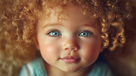 Happy baby smiling against a warm, golden bokeh background, creating a soft and joyful atmosphere.の素材