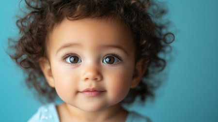 Happy baby smiling against a warm, golden bokeh background, creating a soft and joyful atmosphere.の素材