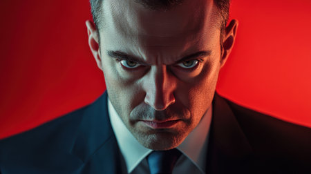 Close-up portrait of a man with an intense, focused stare, highlighted by dramatic red lighting for a powerful, serious mood.の素材