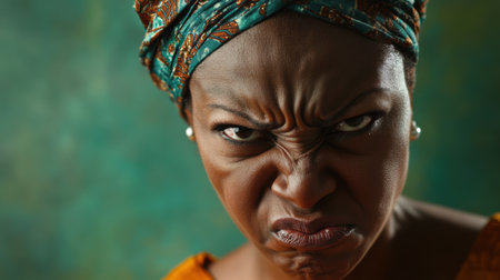 Close-up of an angry woman with a deeply furrowed brow and intense expression, wearing a colorful headscarf, set against a dark green background.の素材