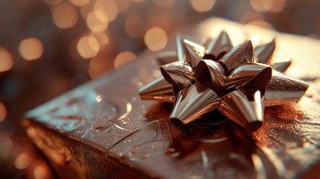 A beautifully wrapped gift box adorned with an elegant glittering gold bow, illuminated by warm holiday lights, perfect for festive celebrations.の素材