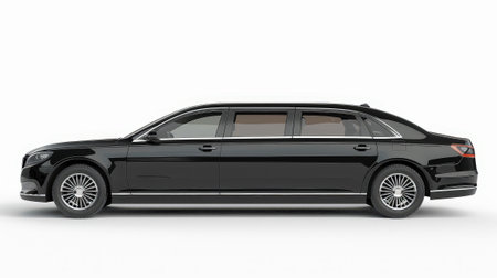 Sleek black limousine showcased in a side profile, highlighting its elongated body and luxurious design, set against a minimal white background.の素材