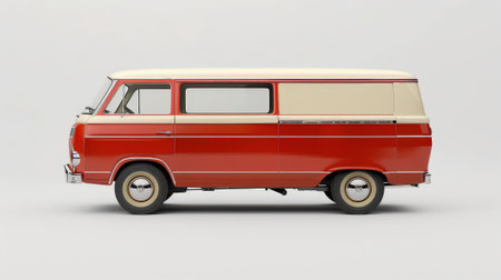 Side profile of a classic vintage camper van, showcasing retro design and iconic styling, isolated on a white background.の素材
