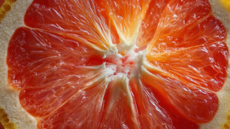 Close-up of a vibrant grapefruit slice, showing its juicy texture and bright, detailed segments, perfect for food and health visuals.の素材