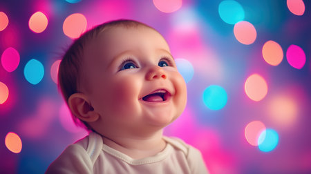 Joyful baby laughing against a vibrant, colorful bokeh background, capturing a playful and cheerful mood with bright lighting.の素材