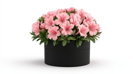Bouquet of azaleas in an elegant black hat box on a white backgroundの素材