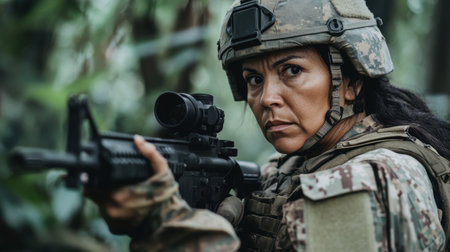A determined female soldier in military gear aims her rifle in a dense jungle setting, ready for combat.の素材