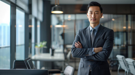 A confident businessman in a suit stands with arms crossed in a modern office, showing leadership and professionalism in a corporate setting.の素材