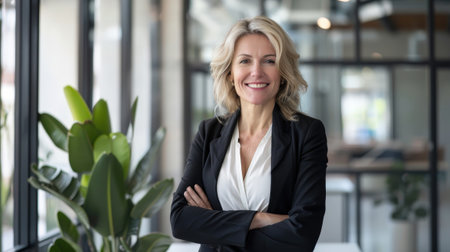 A confident, smiling businesswoman in a modern office setting, dressed in professional attire, exuding leadership and success.の素材