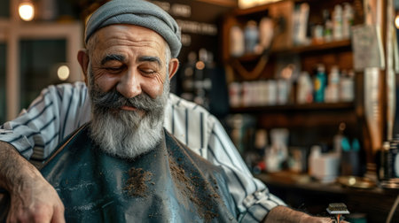 A middle-aged Turkish male barber in a stylish barbershop, looking friendly and attentive as he carefully trims a customer's beard, providing professional grooming services.の素材