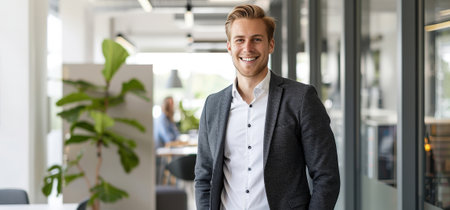A young business professional in a modern office, smiling confidently while dressed in a smart-casual outfit, exuding a friendly and approachable vibe.の素材