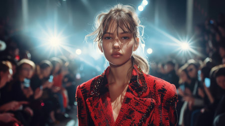 A young French female model exudes confidence and elegance as she showcases a designer outfit on a fashion runway, embodying style and poise.の素材