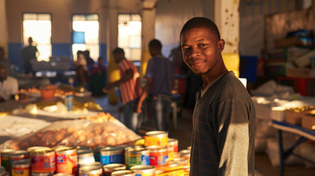 A young South African male volunteer happily and enthusiastically helps distribute food at a community center, showing dedication to community service.の素材