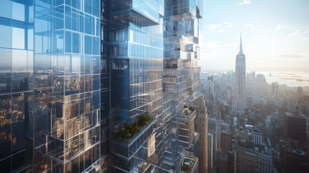 A view of sleek, futuristic glass skyscrapers with the iconic New York City skyline in the background, showcasing urban development and architecture.の素材