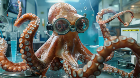 An octopus wearing goggles working in a futuristic science lab, surrounded by lab equipment and test tubes, showcasing a creative sci-fi scene.の素材