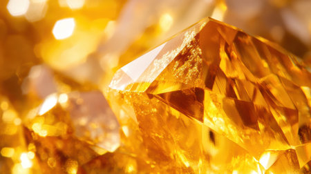 Extreme close-up of a polished topaz gemstone, highlighting its vibrant golden-yellow hues with intricate crystal formations and light reflections.の素材