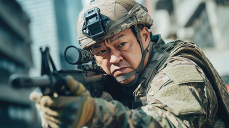 A determined soldier aims his rifle in a tense urban combat scenario, showcasing precision, focus, and military readiness in a city environment.の素材