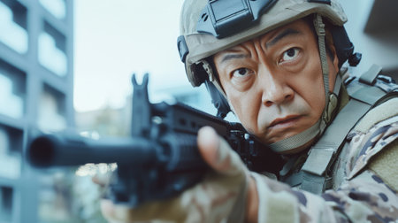 A determined soldier aims his rifle in a tense urban combat scenario, showcasing precision, focus, and military readiness in a city environment.の素材