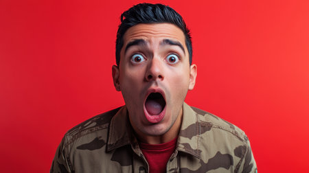 Close-up of a young man with wide eyes and open mouth, displaying shock and surprise against a bold red background.の素材